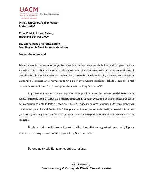 UACM Centro Histórico exige contratación urgente de personal de limpieza 1 UACM