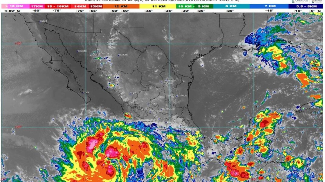 Imagen satelital que confirma la formación y la gran extensión de la Tormenta Tropical Priscilla al sur de la costa mexicana. El sistema ha generado alerta por lluvias intensas en varios estados. (Crédito: Servicio Meteorológico Nacional - CONAGUA)