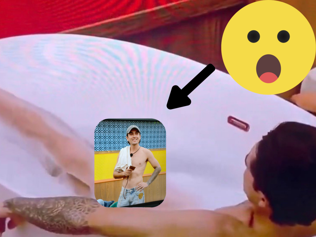 Captura de pantalla polémica de Mayer Mori Desnudo en La Granja VIP con emoji de sorpresa.