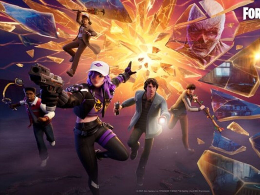 Personajes de Stranger Things en Fortnite incluyendo a Eleven, Dustin, Mike y Vecna rompiendo la realidad.