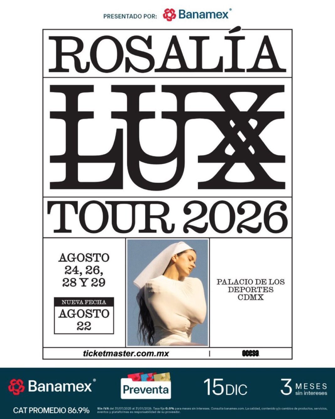 ¡La locura continúa! Rosalía abre una quinta fecha para su LUX TOUR en Ciudad de México el 22 de agosto de 2026. Te damos los detalles para conseguir boletos.