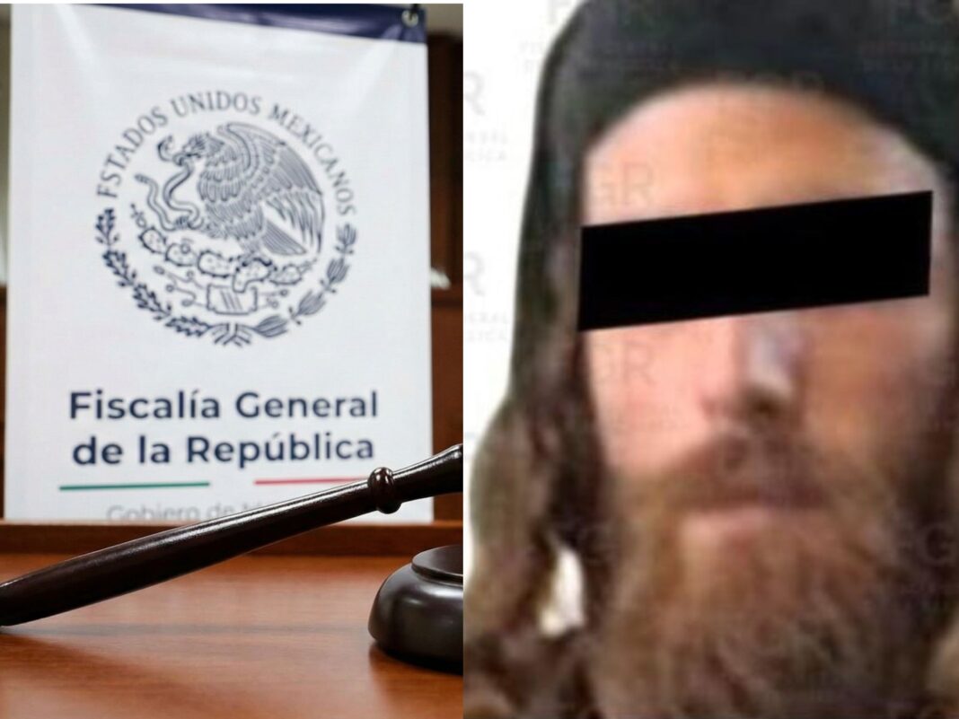 Composición que muestra el logo de la Fiscalía General de la República (FGR) y un mazo judicial a la izquierda, junto a Yoel 'N', presunto integrante de la secta Lev Tahor con los ojos cubiertos, vinculado a proceso por trata de menores.