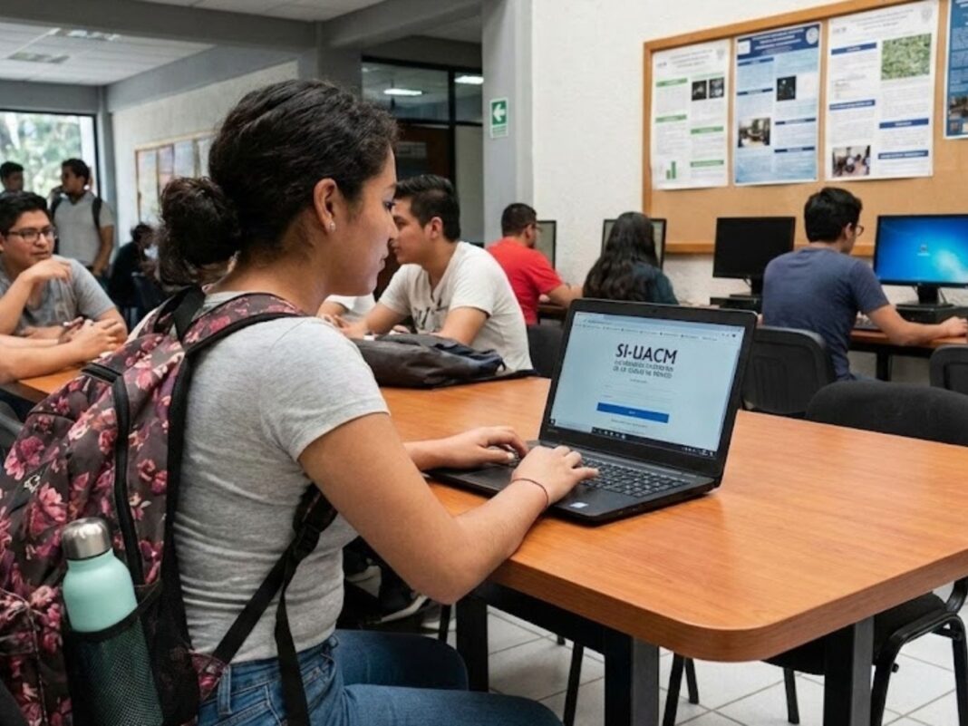 Estudiante UACM utilizando una computadora para acceder al Sistema Institucional (SI) y al correo institucional en un plantel universitario.