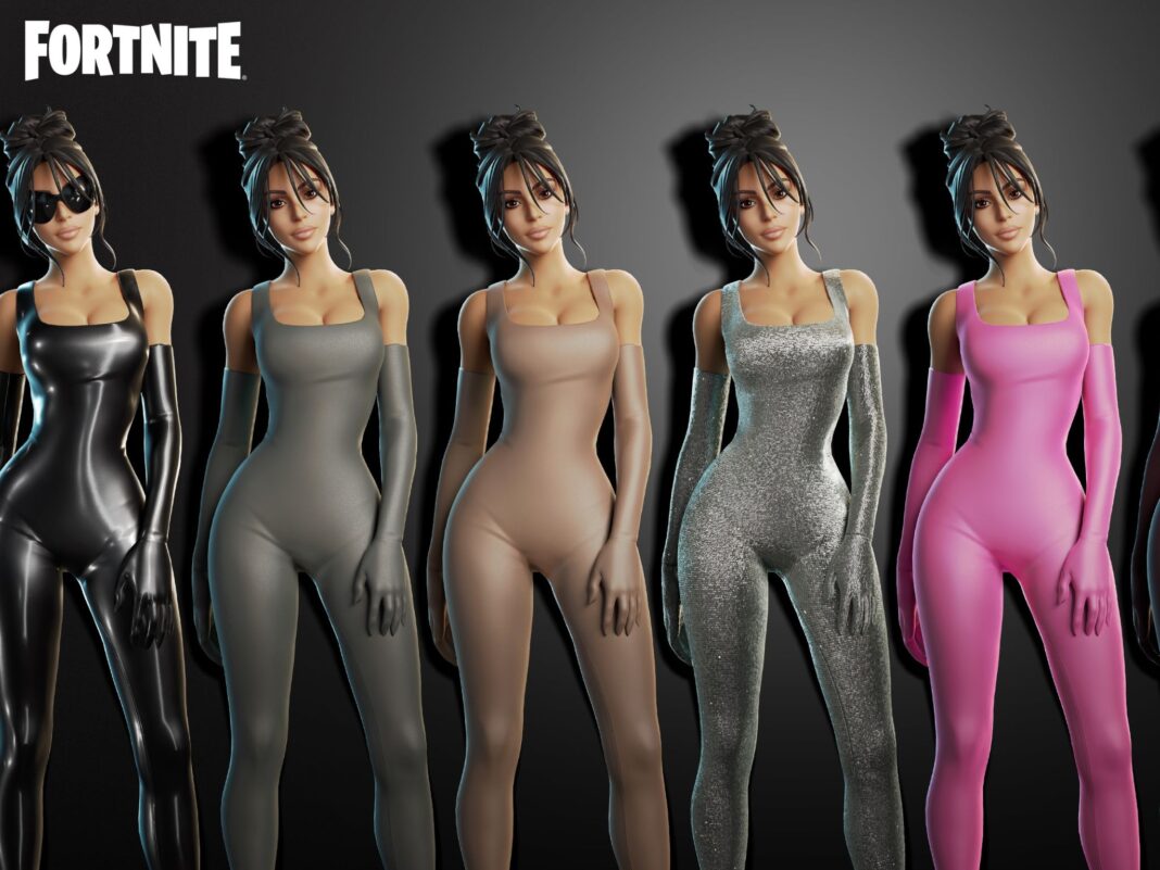 Varias versiones del skin de Kim Kardashian en Fortnite, mostrando las opciones de personalización de colores y estilos del nuevo Atuendo de Ídolo.