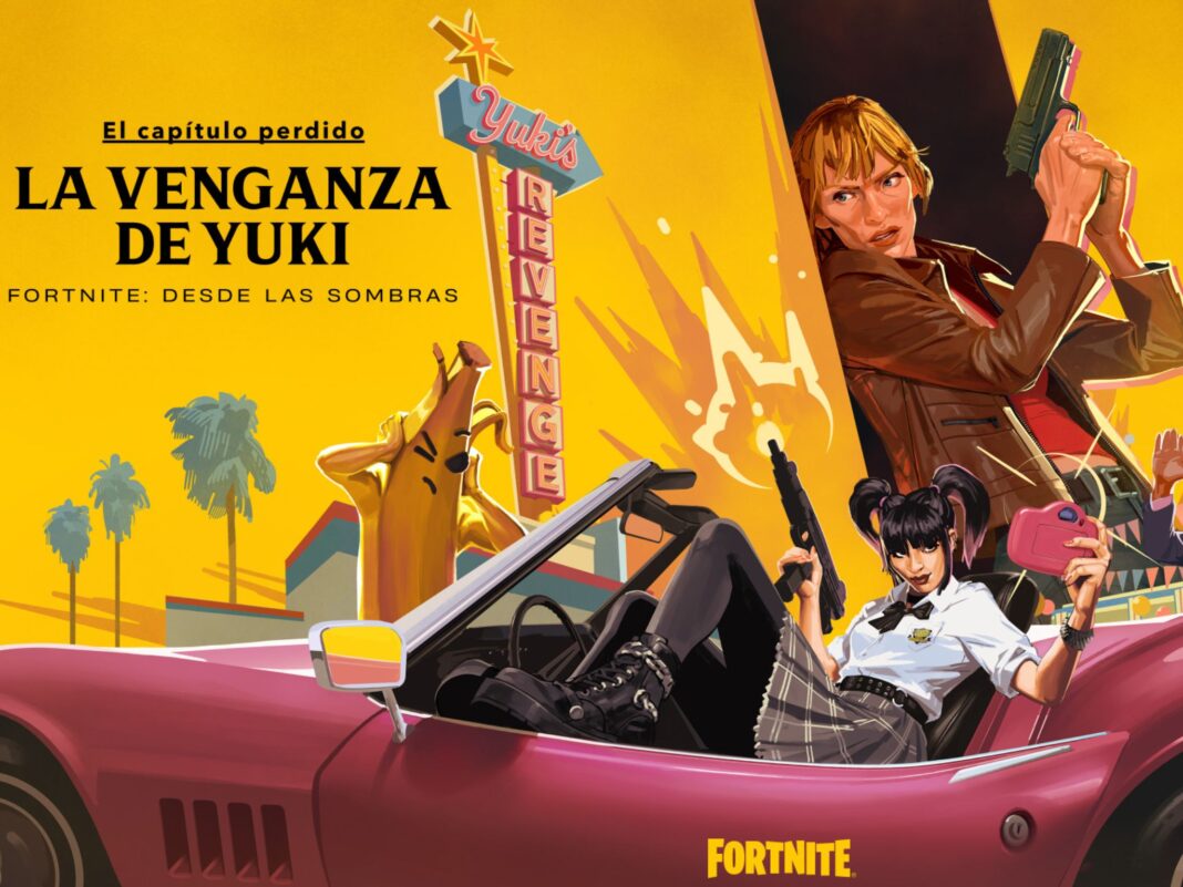 Póster oficial de La Venganza de Yuki en Fortnite, mostrando a Uma Thurman como La Novia con una pistola, junto a personajes del juego en un auto convertible rosa estilo Kill Bill