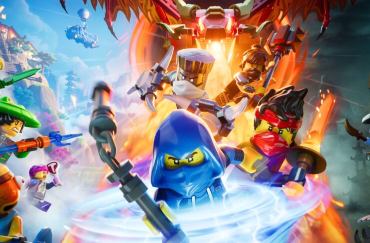 Personajes de LEGO Ninjago como Jay usando Spinjitzu, junto a Kai, Cole y Zane combatiendo enemigos en la actualización El Ascenso del Ninja para LEGO Fortnite Odyssey