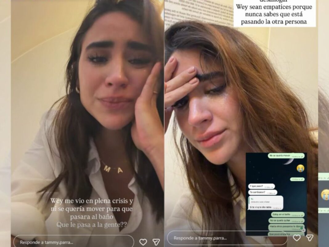 La influencer Tammy Parra graba un video sobre un incidente en un vuelo comercial.